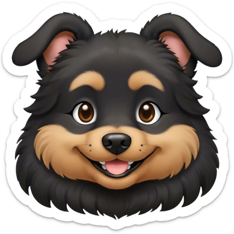 All black dog, soft fur, fluffy ears, smiling face, small bit of white in her chest  sticker
