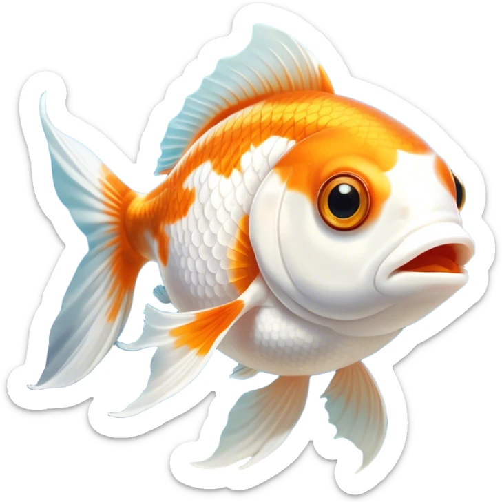 Cinematic Noble Orange and White Goldfish Portrait Emoji, Poised and regal, with a sleek, streamlined build and a vibrant body featuring a harmonious blend of orange and white hues, deep-set soulful golden eyes, Simplified yet sharp and sophisticated features, highly detailed, glowing with a soft, dignified glow, high shine, intelligent and graceful, stylized with an air of aquatic artistry, focused and attentive, soft glowing outline, capturing the essence of a watchful and confident aquatic companion, so majestic it feels as though it could glide out of the screen with effortless authority! sticker