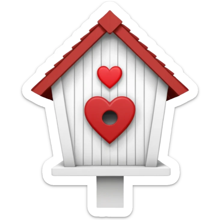 a birdhouse with a normal circular hole and a red roof with the rest white and a heart at the top but below the roof sticker