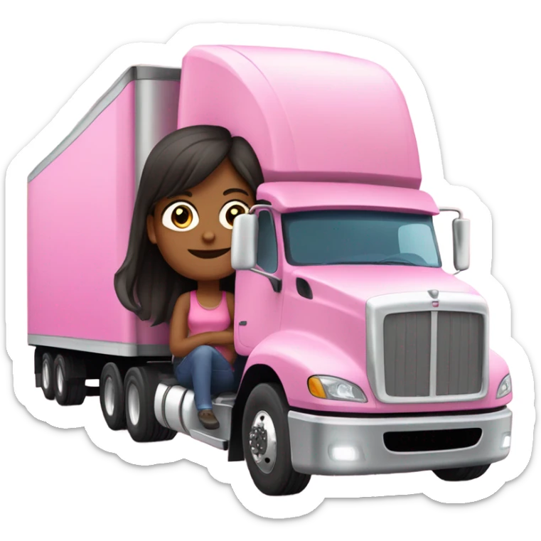 A girl driving a Pink semi trailer truck sticker