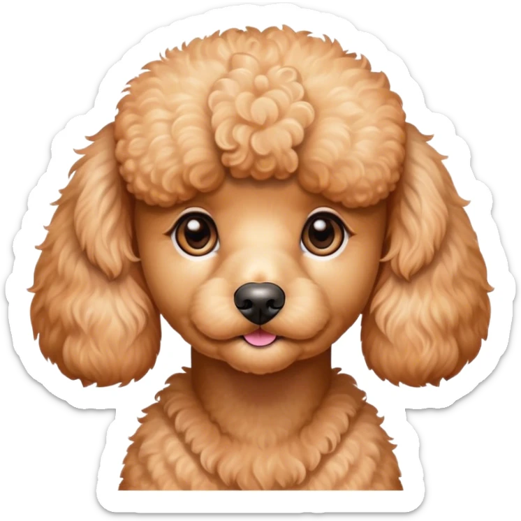 Cinematic Cute Apricot Poodle Portrait Emoji, Head tilted playfully and inquisitively, showcasing a bouncy, curly apricot Fur with a luminous sheen, round, sparkling warm eyes filled with curiosity, Simplified yet irresistibly adorable features, highly detailed, glowing with a warm, friendly glow, high shine, affectionate and lively, stylized with a touch of whimsy, bright and endearing, soft glowing outline, capturing the essence of a mischievous yet loving companion, so playful it feels like it could bounce out of the screen and into your arms! sticker