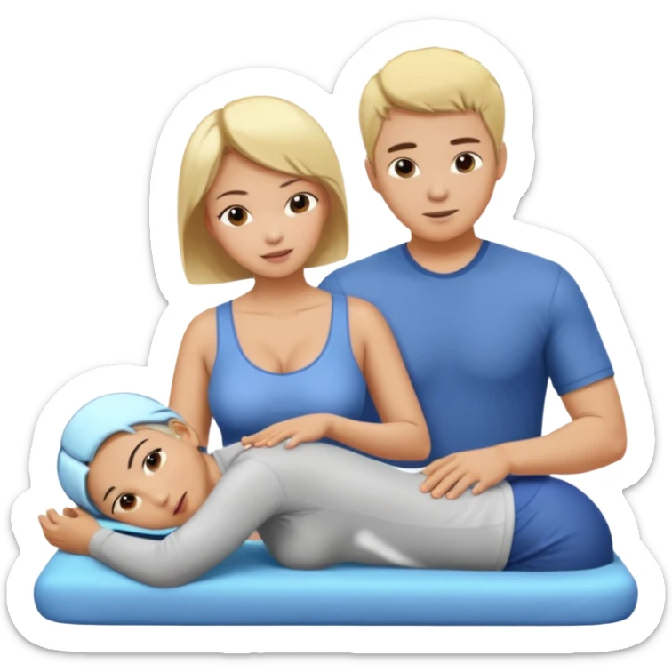 short cut busty asian woman gives a massage to a blonde haired man sticker