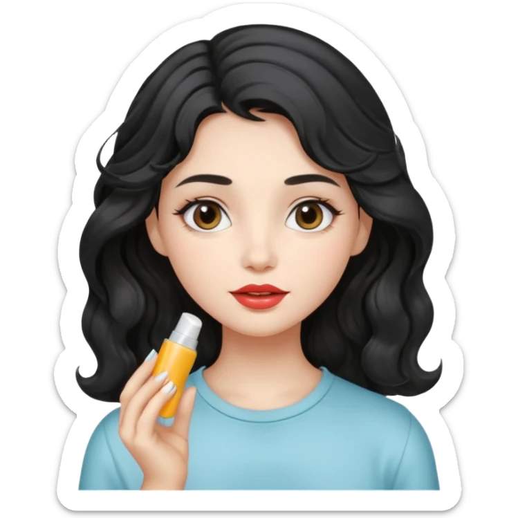“Girl with light-black wavy hair, soft and flowing. She holds a lip balm just near her lips, about to apply it. The lip balm gives her lips a subtle glossy shine, making them look smooth, hydrated, and naturally pretty sticker