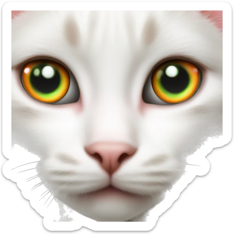 White kitten with orange and black spots  Green eyes, pink nose  Black spot on left eye  Orange spot on right eye sticker