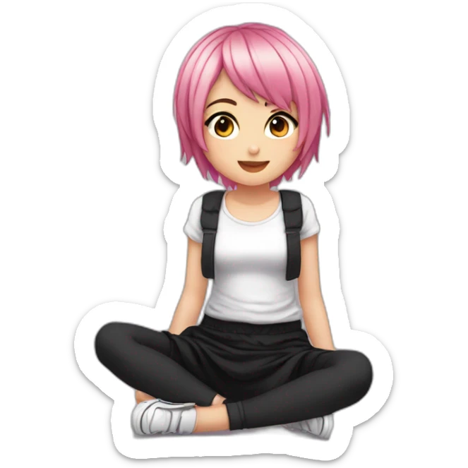 Full body Front view curvy emo girl pink hair sits on the floor straight view hands up black skirt белые трусики полосатые рваные чулки sticker