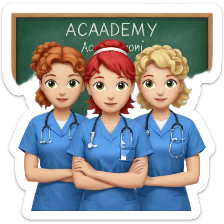 3 nurses: nurse 1 is wearing green work clothes, curly hair, middle european. nurse 2 is wearing blue work clothes, blond straight hair, scandinavic, nurse 3 is wearing white work clothes, red hair put into a bun, slavic. they all stand in a classroom, "Academy" written in white on board sticker