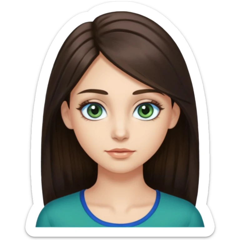 long dark brown hair with highlights in the front, big blue eyes clear skin with neck and green top on add long eyelashes must have blue eyes sticker