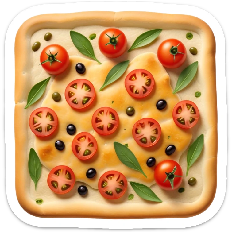 cinematic-realistic-focaccia-bread-dish-emoji,-depicted-as-a-golden,-olive-oil-brushed-flatbread-sprinkled-with-herbs-rendered-with-lifelike-texture-and-soft,-appetizing-lighting showing olives on top and the cherry tomatoes sticker