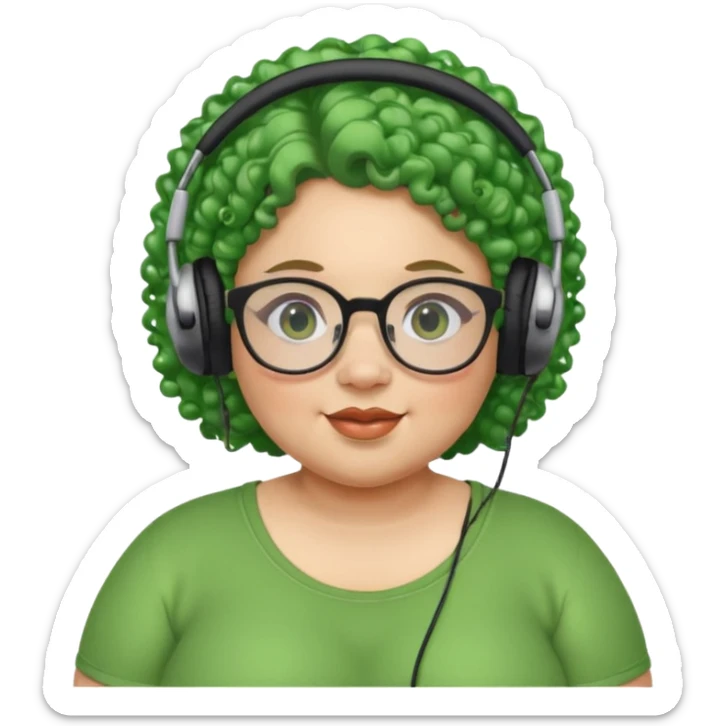  headphone wearing and glassess and green curly haired fat girl earrings sticker