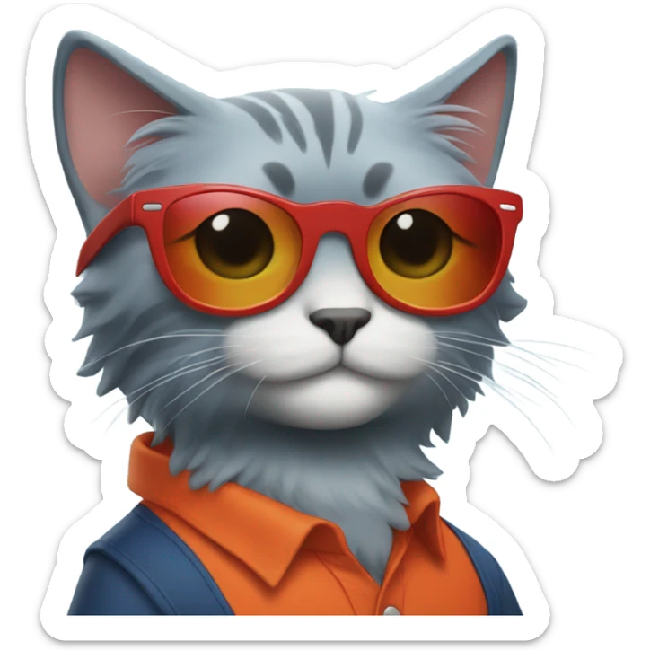 Cat with sunglasses and orange hair and black hair with blue hair and a red shirt  sticker