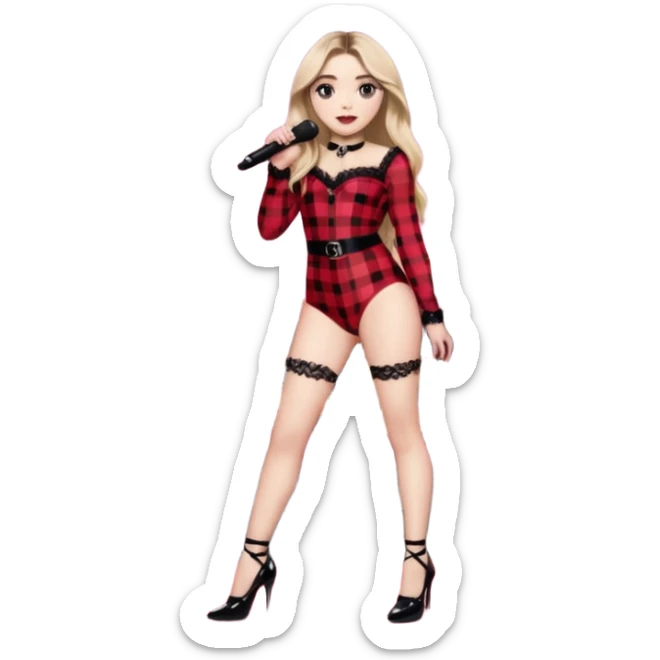 Sabrina carpenter singing at concert wearing a black and red plaid bodysuit a red sheer top over it , a strip of black lace around her leg, black sparkle heels. there is a  huge crowd and light pink stage setting  sticker