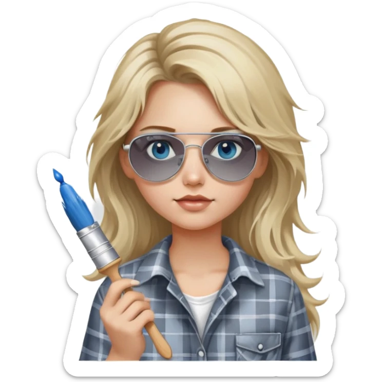 girl with long blond messy hair, wearing grey plaid shirt with blue eyes and aviator sunglasses wearing a ring on her silver necklace, holding a paint brush roller with white paint on her face sticker