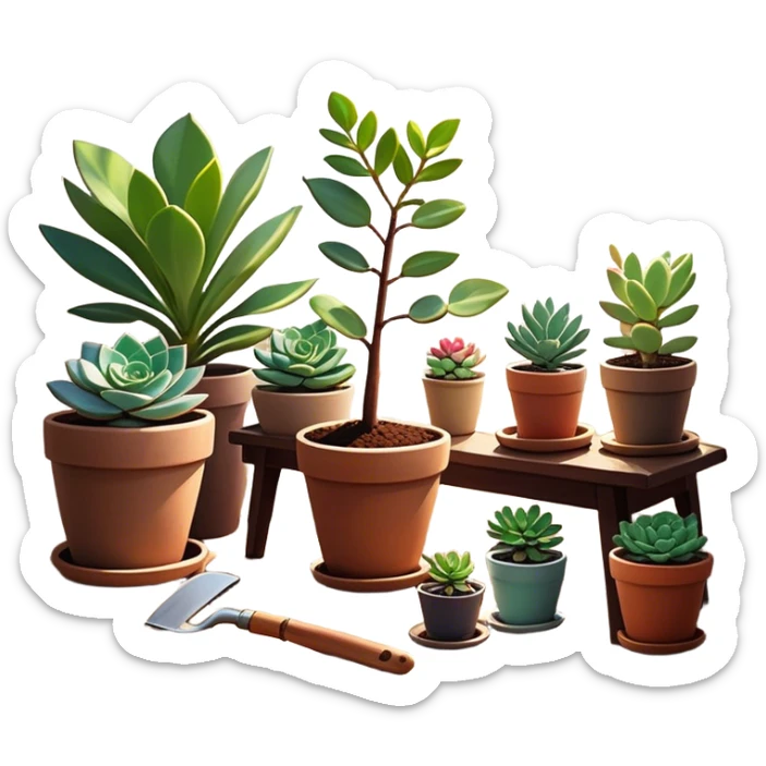 Close-up of a potted sapling in rich soil surrounded by vibrant plants and succulents. Bright sunlight filters through the window, casting soft shadows. Nearby gardening tools rest on a wooden table. Cozy indoor atmosphere with greenery and flowers. sticker