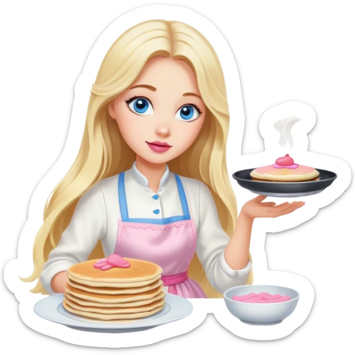 Cinematic realistic beautiful blonde with long hair, blue eyes and pink lips in a white dress cooks pancakes sticker