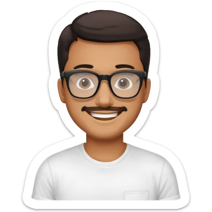 portrait of adult man, wearing a t-shirt, square glasses, smiling face sticker