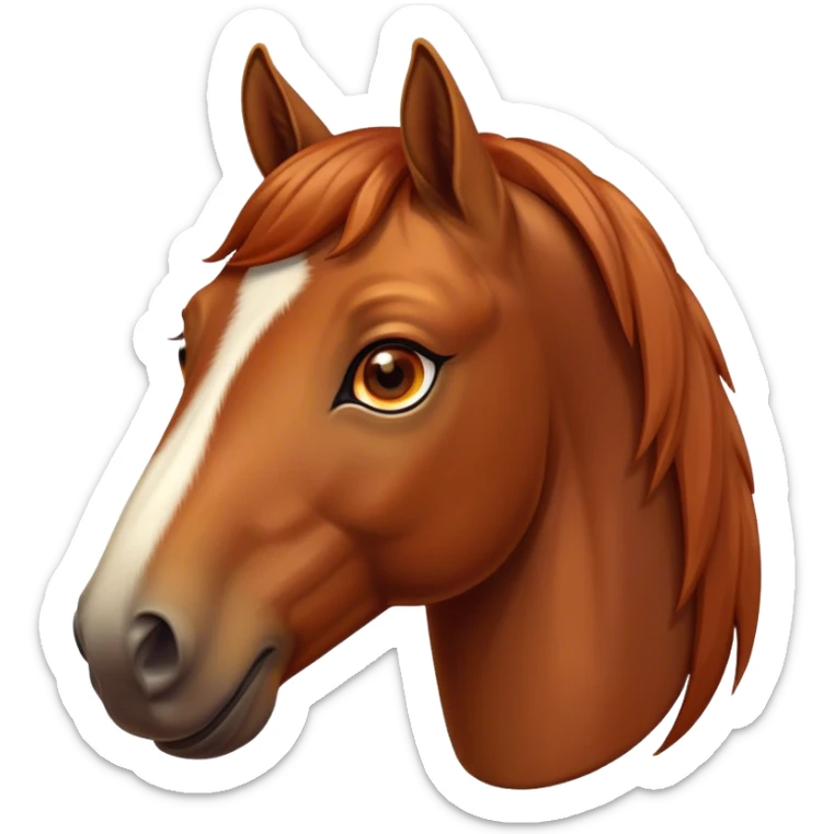 Cinematic Cute Chestnut Horse Portrait Emoji, Head tilted playfully and inquisitively, showcasing a glossy chestnut fur with a vibrant sheen and gentle, expressive amber eyes, Simplified yet irresistibly adorable features, highly detailed, glowing with a warm, friendly glow, high shine, affectionate and spirited, stylized with a touch of whimsy, bright and endearing, soft glowing outline, capturing the essence of a mischievous yet loving horse, so playful it feels like it could prance out of the screen and into your arms! sticker