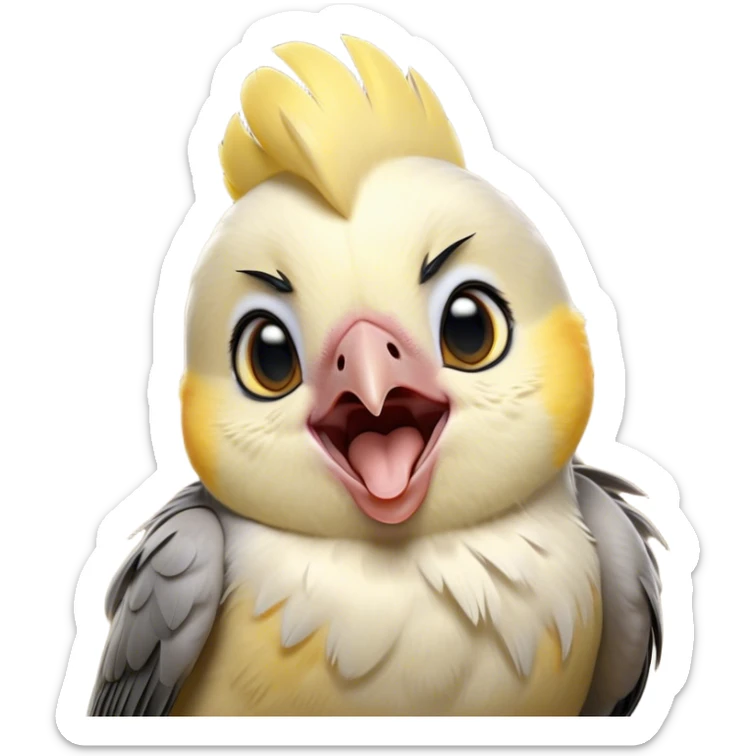 Cinematic Cute Yawning Cockatiel Portrait Emoji, Head tilted slightly with a dramatic, wide-open yawn, showcasing a soft grey fur with subtle yellow accents and gently drooping crest feathers, round dark eyes barely open in drowsy contentment, Simplified yet irresistibly adorable features, highly detailed, glowing with a soft, cozy glow, high shine, relaxed yet expressive, stylized with a touch of whimsy, bright and endearing, soft glowing outline, capturing the essence of a sleepy yet affectionate cockatiel, so drowsy it feels like it could stretch out of the screen and curl up for a nap! sticker
