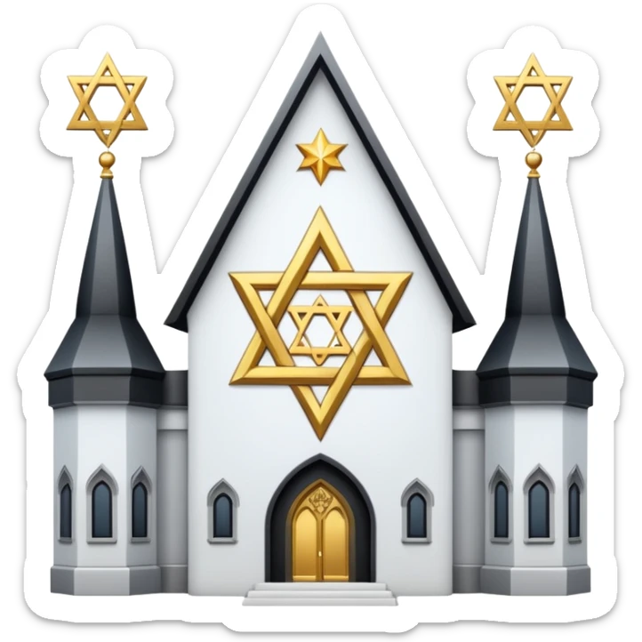 reform jewish synagogue similar in architecture to historical religious architecture in europe. the building should be white with silver/golden features, gothic architectural elements and star of david. no crosses. the emoji should be in ios emoji style. sticker