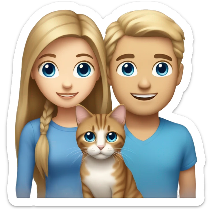 Long Brown hair girl with brown eyes, and blond white man, blue eyes holding tabby cat  sticker