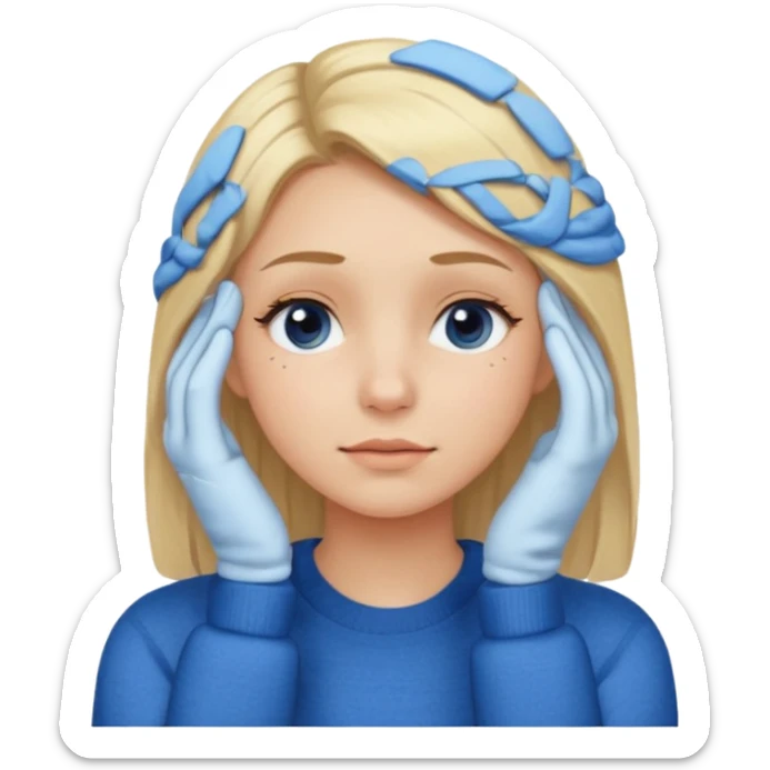 Girl massaging her head with blonde hair with anti-dark circles patches dressed in a blue sweater sticker