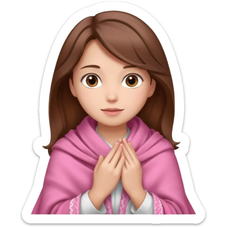 A girl with brown hair, wearing a pink shawl, has beautiful features and her hand rests on the shawl. sticker