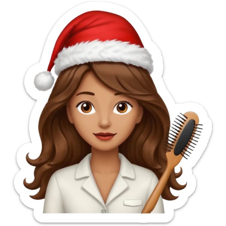 mujer peinandose en la peluqueria y con un gorro de navidad, cabello largo café y ondulado sticker
