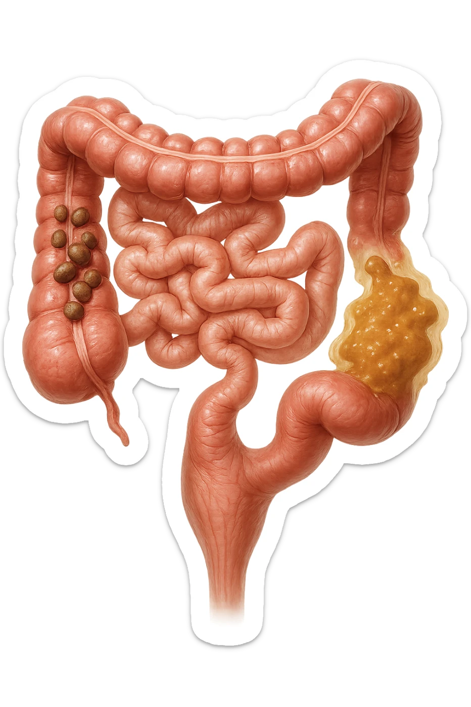 INTESTINO UMANO ANATOMICO REALISTICO CON FECI A PALLINE E FECI LIQUIDE CHE FLUTTUANO DIETRO BEN DISTINTE, IPERREALISTICO 4K sticker