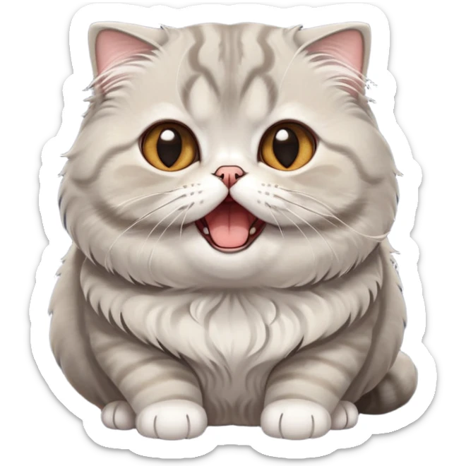Cinematic-Adorable-Scottish-Fold-Cat-Portrait-Emoji – Big-eyed, fluffy Scottish Fold cat with a playful head tilt and a cute yawn, soft solid grey fur, tiny folded ears giving it an irresistibly sweet expression, simplified yet charmingly cute features, round amber eyes full of curiosity, highly detailed with a gentle glow. sticker