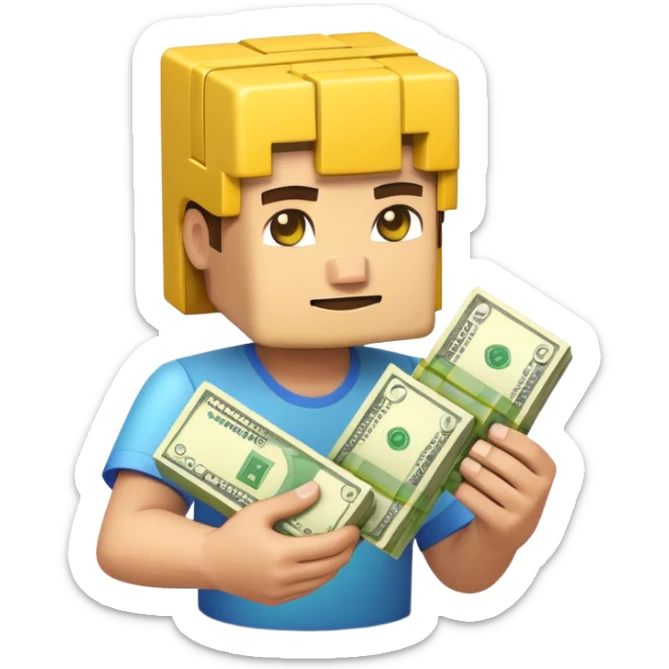 emoji style icon, minecraft blocky character holding a stack of money, pixel art style, bright colors, simple background, 3D glossy emoji, centered composition, soft shadow, high detail, clean outline, white background sticker