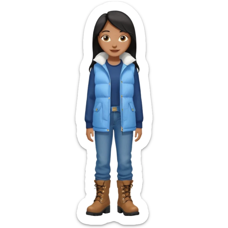 asin girl with black long slick backed hair wearing a dark blue long shirt and a puffy white sleeveless jacket on outside and light blue very baggy jeans with brown boots sticker