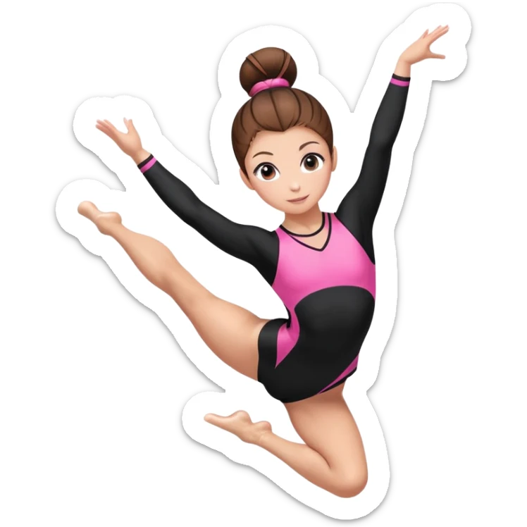A female gymnast with brown hair in a neat bun, wearing a black uniform with pink elements, performing an acrobatic move. A female gymnast with brown hair in a neat bun, wearing a black uniform with pink elements, performing an acrobatic move. sticker