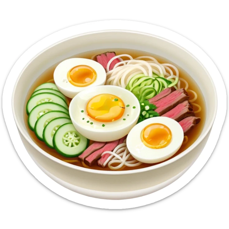 a bowl of Korean cold noodles (naengmyeon) with sliced egg, beef, cucumber, and radish in clear broth sticker