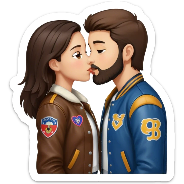 A brunette girl with a letterman jacket kissing a brunette boy with a beard and leather jacket  sticker