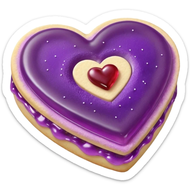 Realistic shortbread cookie in the shape of a heart with purple pastel jelly middle filling and sprinkled powder sugar on top. sticker