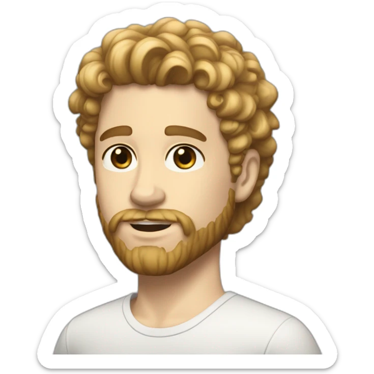 White boy, white skin, brown eyes, curly and blonde hair on the top and short on the sides, and beard sticker