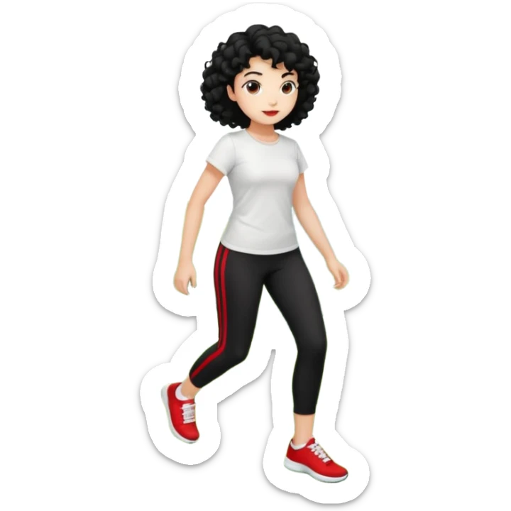 generate a pretty bratz fair skinned girl with curly black hair wearing a white tshirt trekking on a hill with red sneakers on and black leggings.  Put a hill behind her sticker
