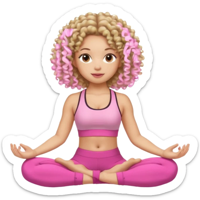 Quero uma menina de roupa de malhar rosa do cabelo cacheado sentada como tivesse fazendo yoga sticker