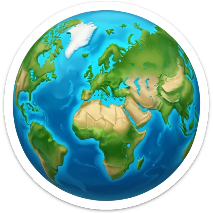 A 3D emoji in iOS emoji aesthetic style of planet Earth, showing blue oceans and green continents, soft glow effect, glossy surface, minimal white background, realistic Apple-style lighting sticker