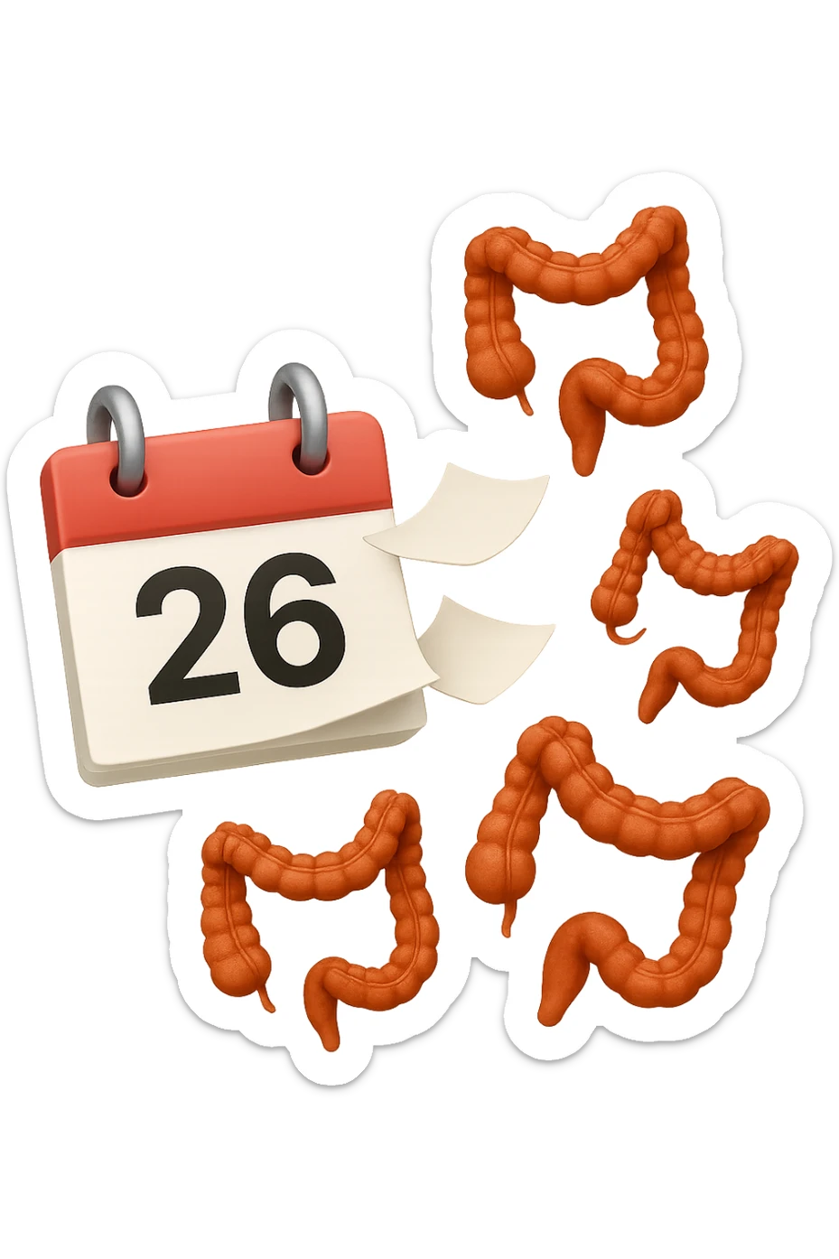 emoji stile iphone di un calendario con fogli che volano insieme a pezzi anatomici di colon umano, iperrealistico 4k, isolato su sfondo bianco sticker