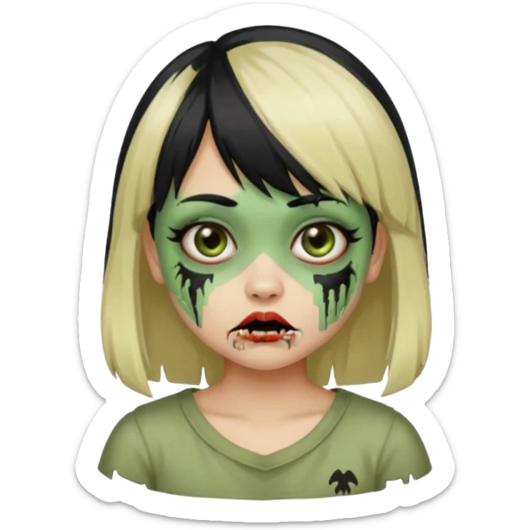 Girl with black hair and raccoon blonde streaks, bangs, light skin, zombie version, pale green skin, emoji style. sticker