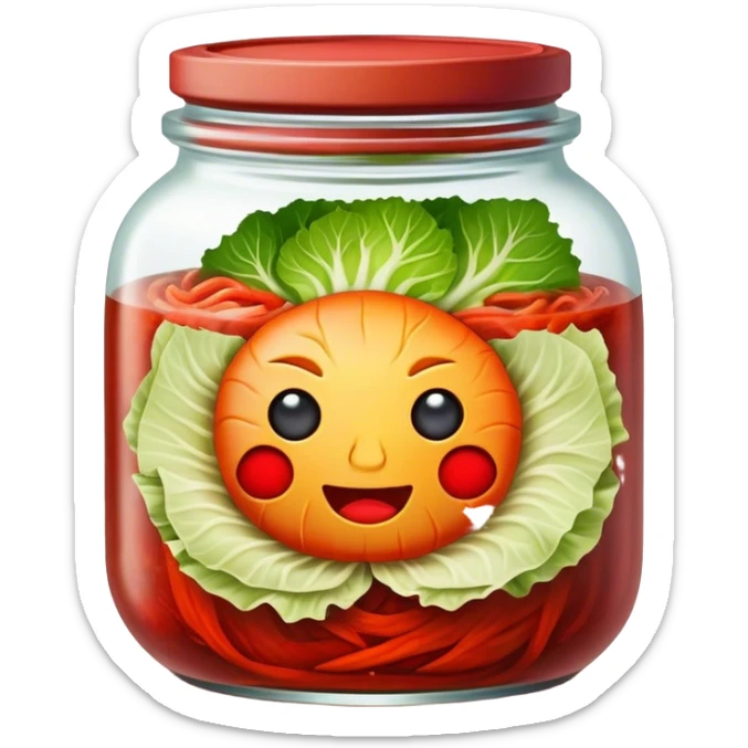 Kimchi Cinematic Realistic Kimchi Dish Emoji, depicted as spicy, fermented cabbage with vibrant red hues neatly served in a traditional jar, rendered with dynamic textures and bold, appetizing lighting. sticker