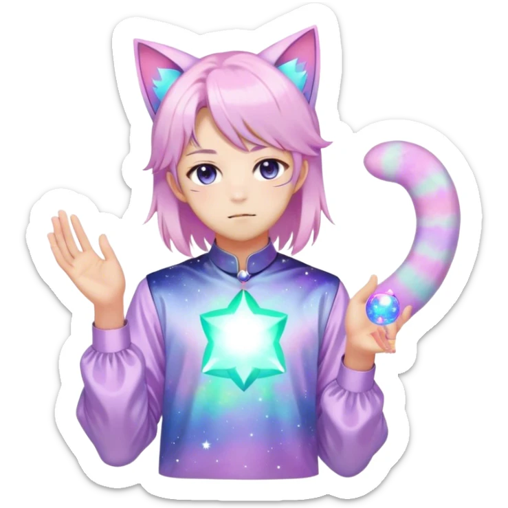 effeminate young colorful pastel nebula femboy man with shiny hair, cat ears, blouse, cute, gorgeous, anime, catboy, full body sticker