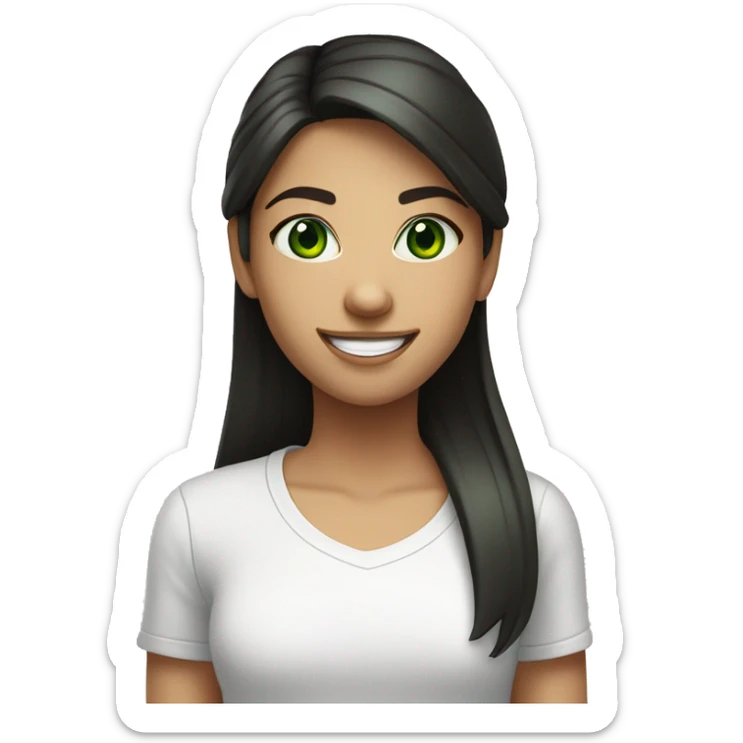 girl with dark straight hair and green eyes smiling in white t shirt  sticker