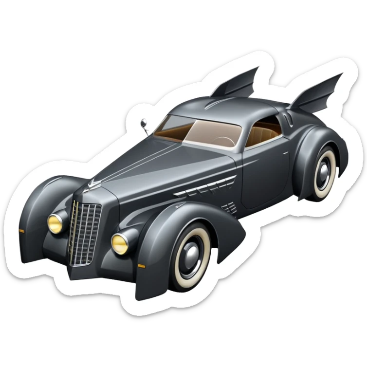  the animated series aerodynamic opulent dark knight futuristic concept Batmobile loosely based on 1936 cord 812 Cadillac(flat long straight faceted mechanical body) winged stealthy street hot rod  sticker