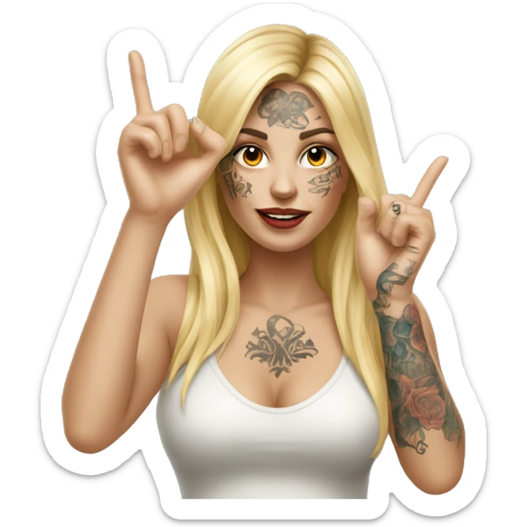 Blonde elegant women with LONG HAIR, her Body Covered with Tattoos, POINTING YOU FORWARD with her HAND with INDEX FINGER, Hyper realistic sticker