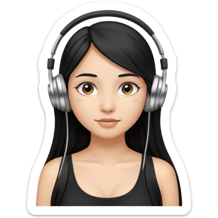 a fair INDIAN girl with straight black long hair, wearing a black cami top. and wearing silver  headphones on sticker