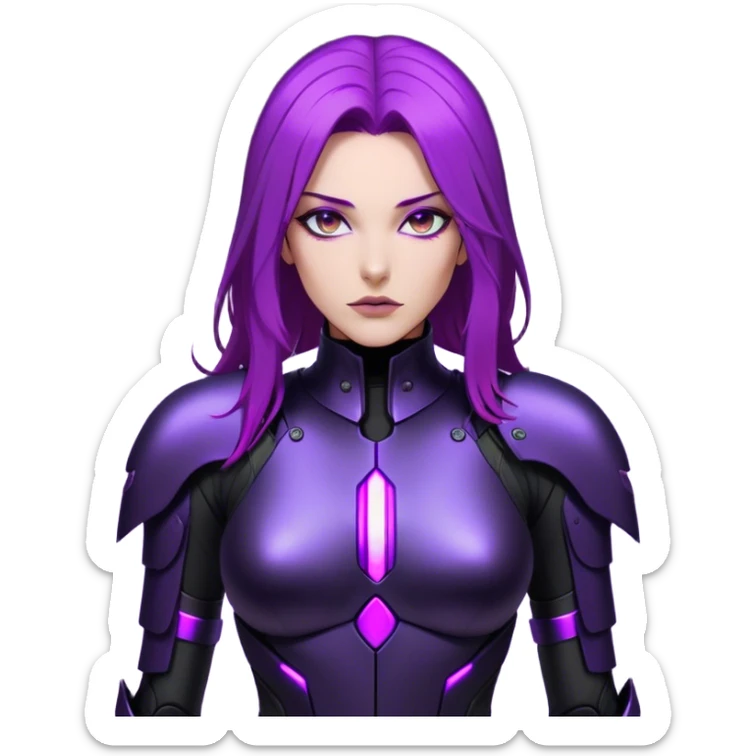 A sleek warrior woman with flowing purple hair, her sharp violet eyes glowing with quiet intensity. She wears a form-fitting black armored suit with smooth, seamless plating, a fusion of high-tech design and elegant minimalism. The matte black surface subtly reflects the dim ambient light, highlighting the streamlined contours of her suit. A slim, obsidian blade rests at her side, its edge barely visible in the soft glow of floating digital glyphs around her. Her expression is poised—calm, calculated, and unwavering, standing against a gradient-lit backdrop, where darkness meets the faintest hint of neon luminescence. sticker