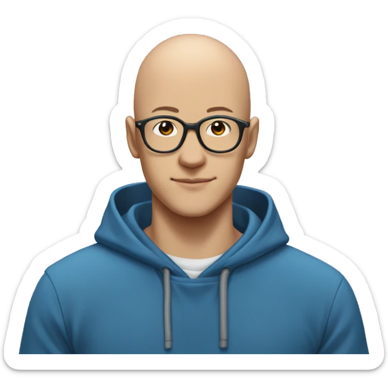 bald saitama in his 20s smiling wearing glasses and a blue hoodie sticker
