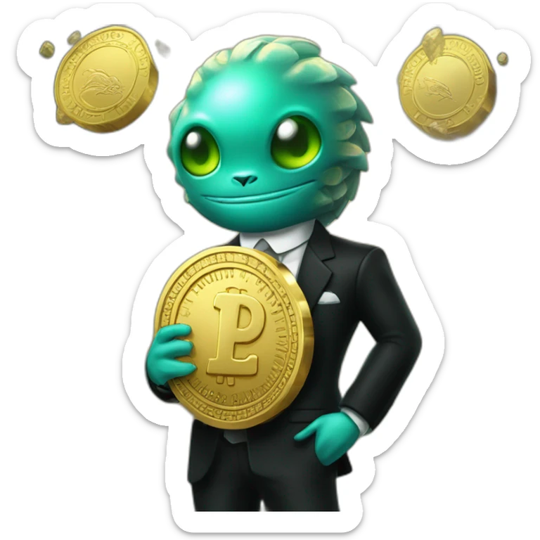 Aquamarine reptiloid in black suite with laser eyes on the golden coin in background sticker