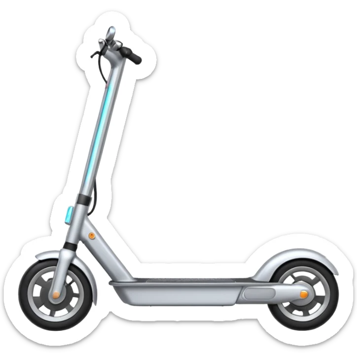 A futuristic electric scooter emoji made of silver chrome, sleek minimal frame, smooth metallic surface, subtle reflections, modern urban design, iOS emoji style, centered, clean white background sticker